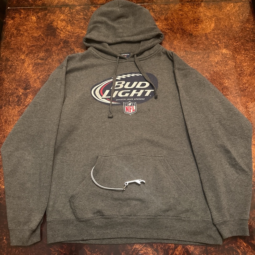 NFL Bud Light Gray Hooded Sweatshirt with beer holder in pocket